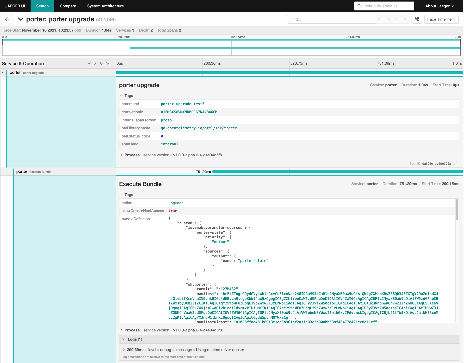 Screen shot of the Jaeger UI showing that porter upgrade was run